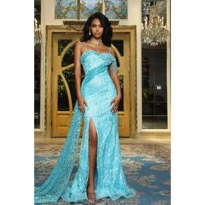 NEW PORTIA&SCARLETT embellished allover slit long dress in aqua